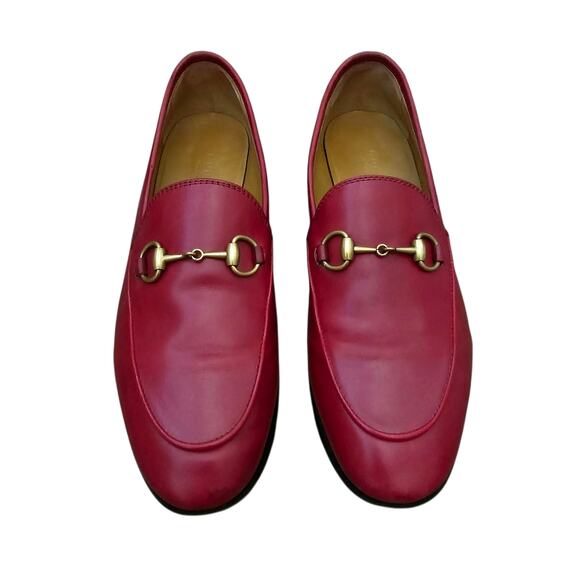 Gucci Jordaan Horsebit Flat Slip On Loafer Red Leather Gold Buckle Size 37 US 7 - Picture 3 of 11